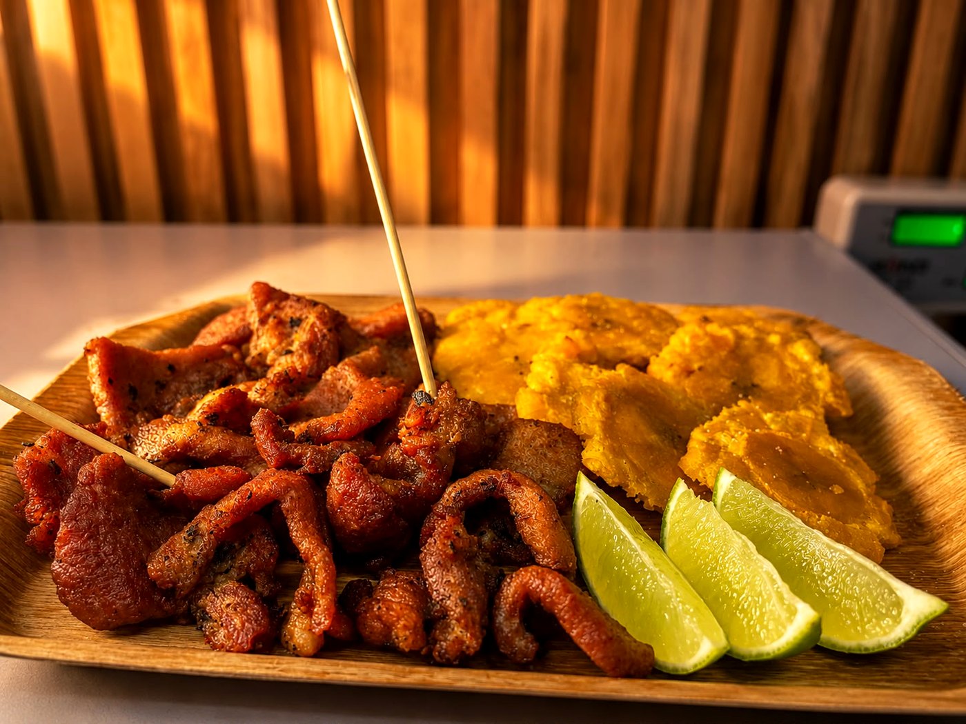 Carne frita y tostones con limón